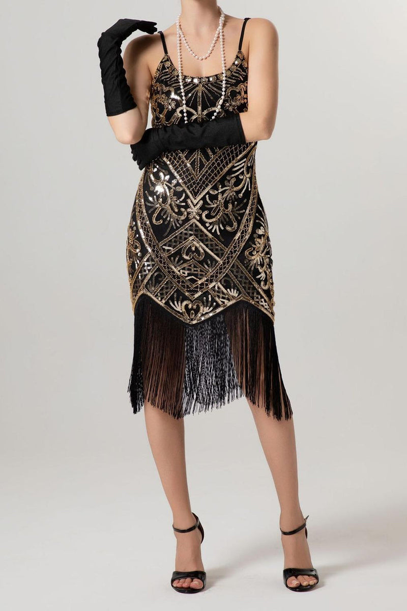 Laden Sie das Bild in den Galerie-Viewer, Glitzernd Schwarz Pailletten Spaghettiträger Bodycon Kurz 20er Jahre Kleid mit Fransen