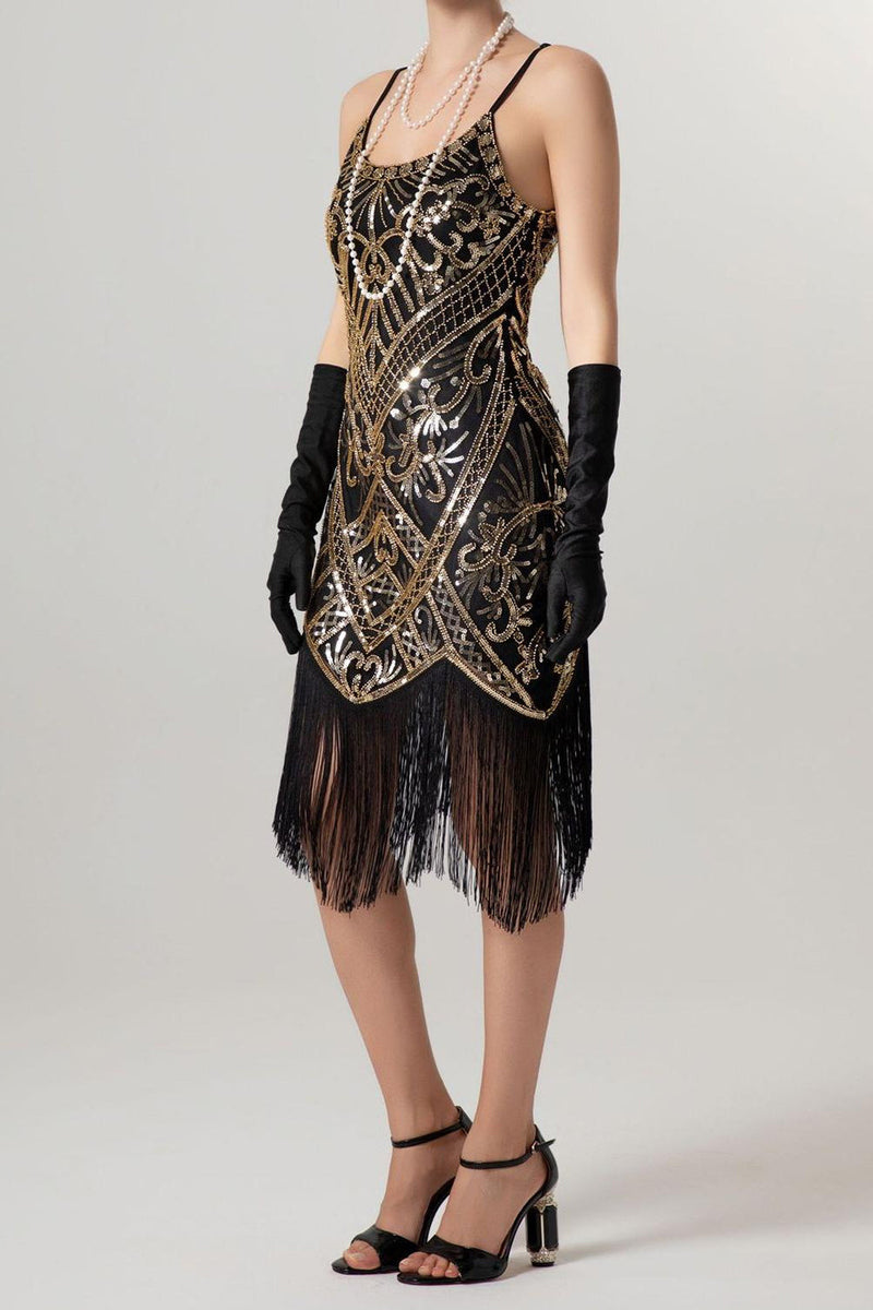 Laden Sie das Bild in den Galerie-Viewer, Glitzernd Schwarz Pailletten Spaghettiträger Bodycon Kurz 20er Jahre Kleid mit Fransen
