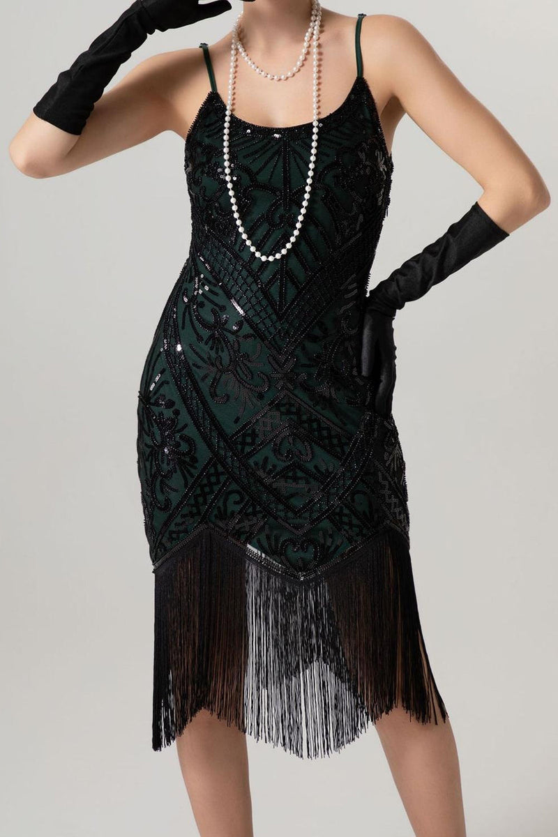 Laden Sie das Bild in den Galerie-Viewer, Glitzernd Schwarz Pailletten Spaghettiträger Bodycon Kurz 20er Jahre Kleid mit Fransen