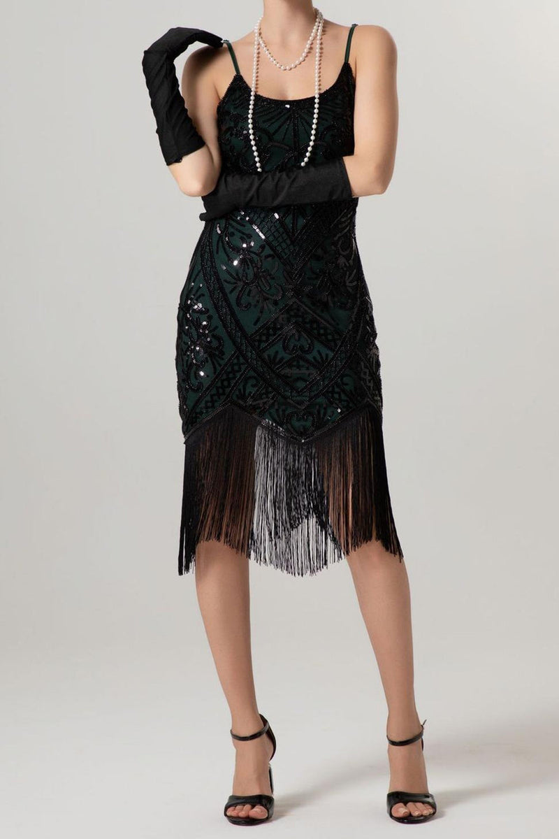 Laden Sie das Bild in den Galerie-Viewer, Glitzernd Schwarz Pailletten Spaghettiträger Bodycon Kurz 20er Jahre Kleid mit Fransen