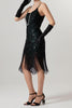Laden Sie das Bild in den Galerie-Viewer, Glitzernd Schwarz Pailletten Spaghettiträger Bodycon Kurz 20er Jahre Kleid mit Fransen