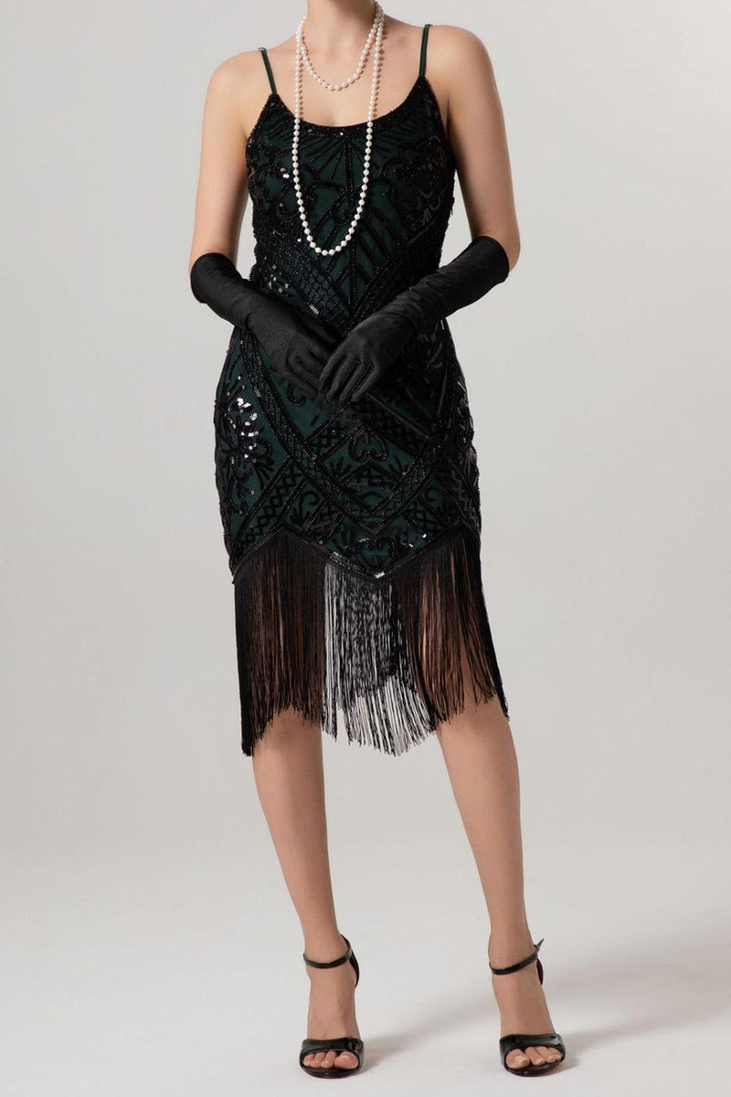 Laden Sie das Bild in den Galerie-Viewer, Glitzernd Schwarz Pailletten Spaghettiträger Bodycon Kurz 20er Jahre Kleid mit Fransen
