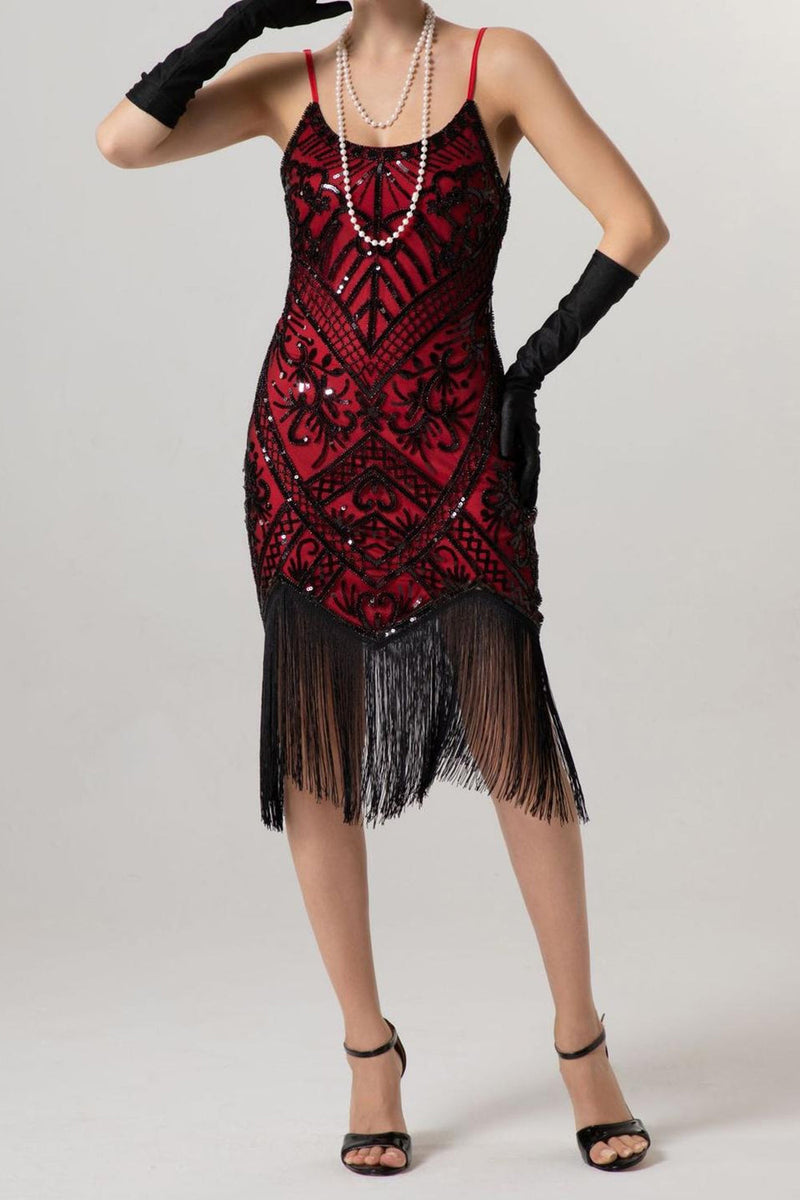 Laden Sie das Bild in den Galerie-Viewer, Glitzernd Schwarz Pailletten Spaghettiträger Bodycon Kurz 20er Jahre Kleid mit Fransen