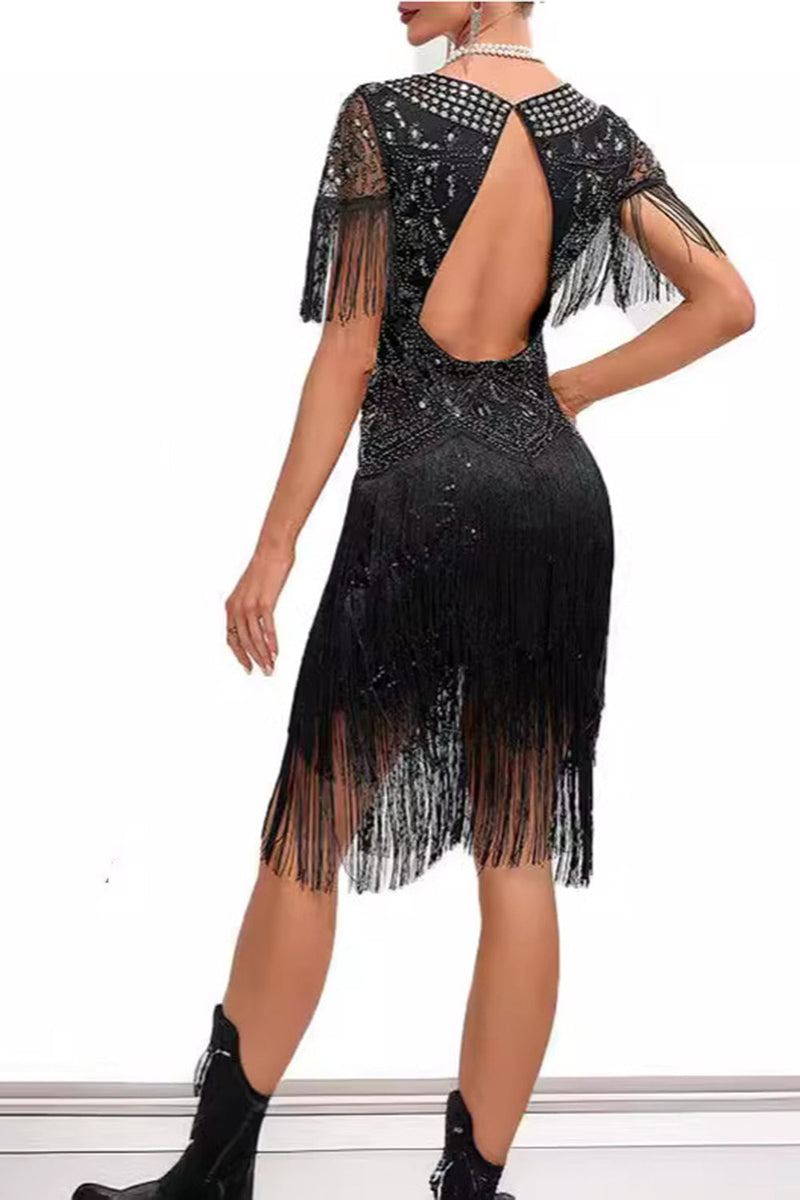 Laden Sie das Bild in den Galerie-Viewer, Glitzernd Aprikose Bodycon Fransen Kurz 20er Jahre Kleid mit Strass
