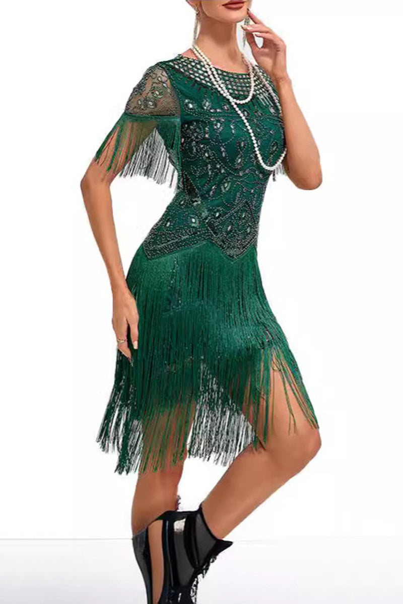 Laden Sie das Bild in den Galerie-Viewer, Glitzernd Aprikose Bodycon Fransen Kurz 20er Jahre Kleid mit Strass