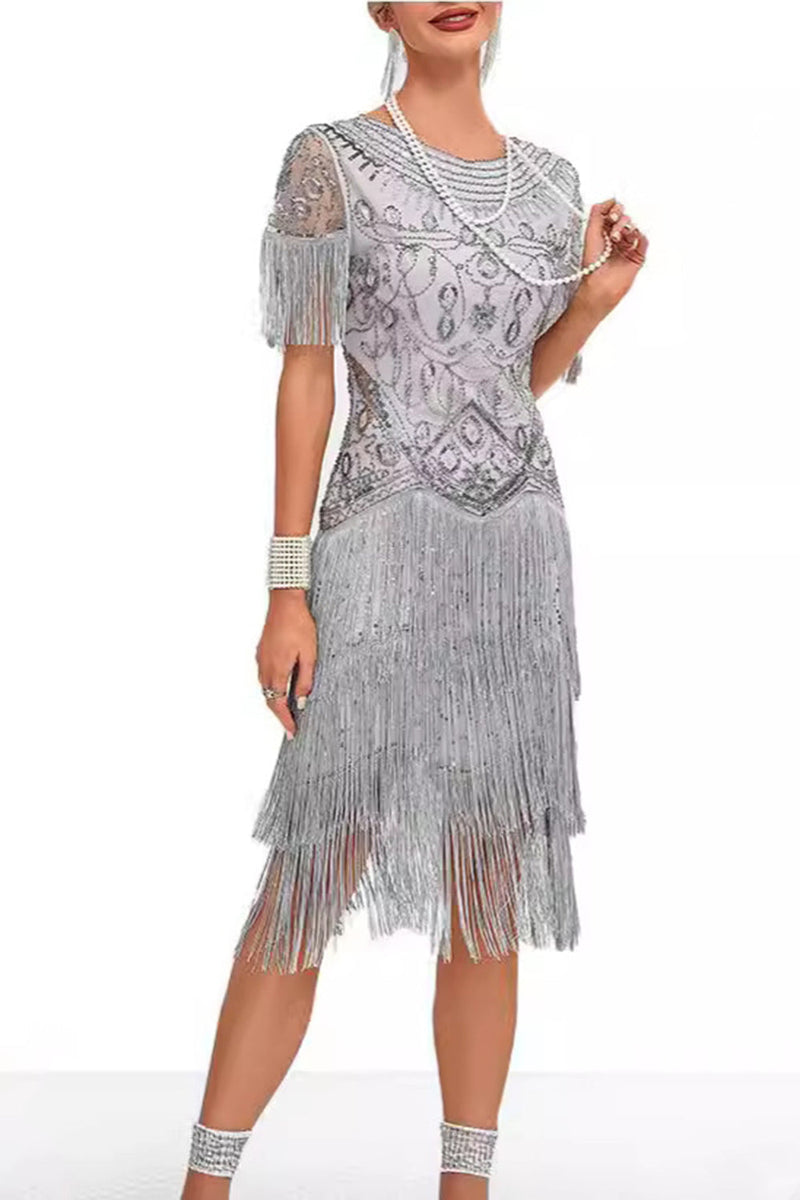 Laden Sie das Bild in den Galerie-Viewer, Glitzernd Aprikose Bodycon Fransen Kurz 20er Jahre Kleid mit Strass