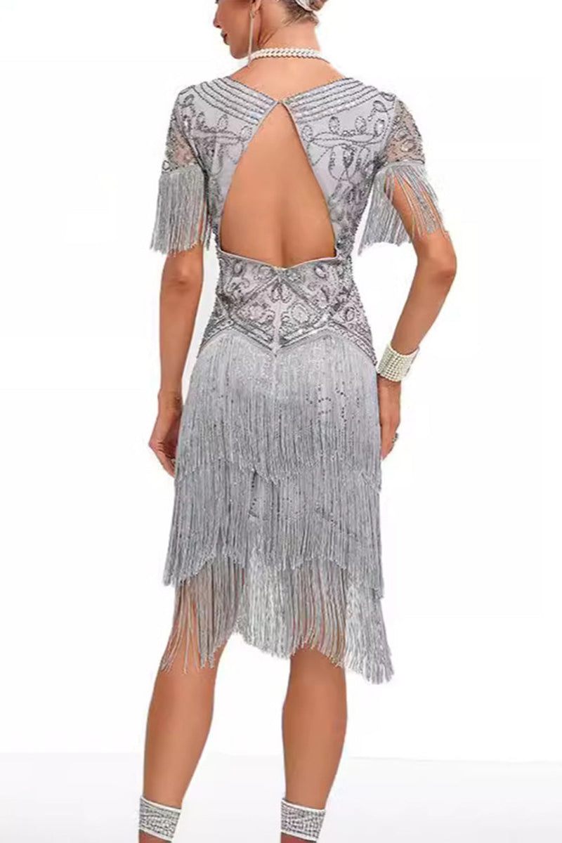 Laden Sie das Bild in den Galerie-Viewer, Glitzernd Aprikose Bodycon Fransen Kurz 20er Jahre Kleid mit Strass