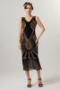 Laden Sie das Bild in den Galerie-Viewer, Glitzernd Schwarz Gold Bodycon Perlen Kurz 20er Jahre Kleid mit Fransen
