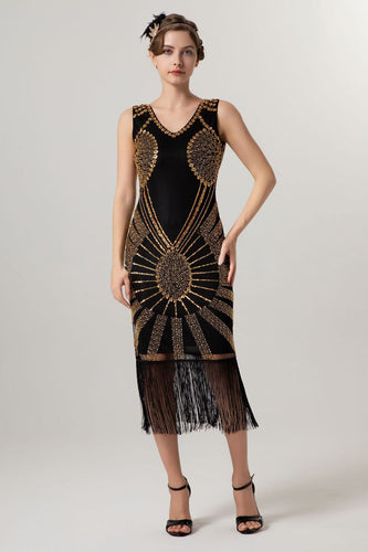 Glitzernd Schwarz Gold Bodycon Perlen Kurz 20er Jahre Kleid mit Fransen