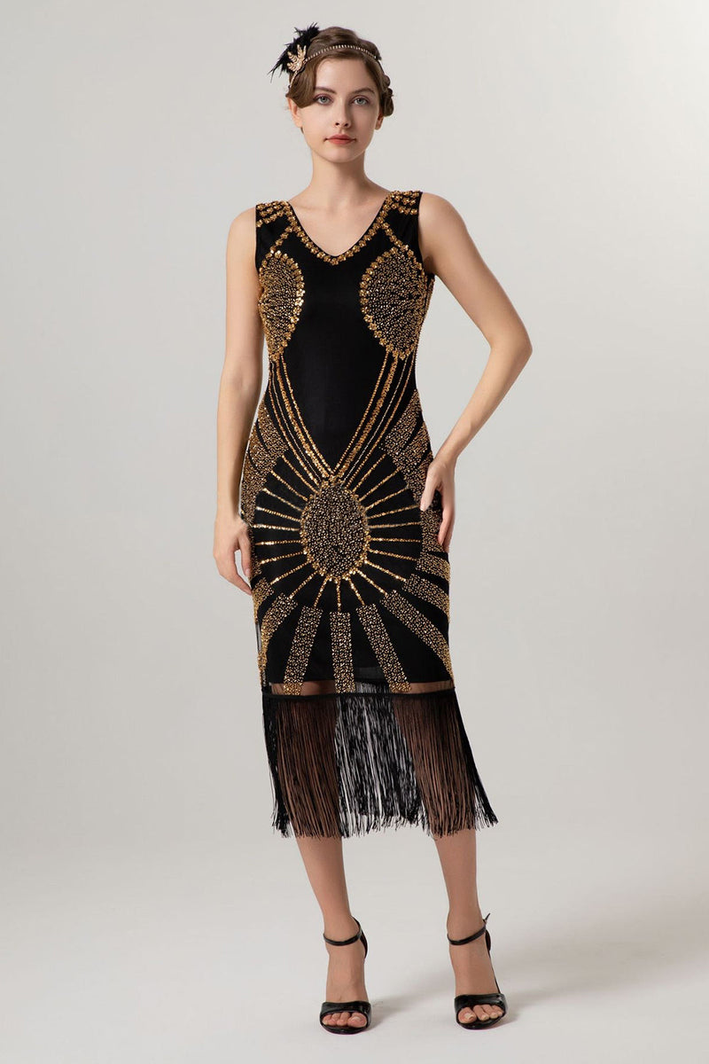 Laden Sie das Bild in den Galerie-Viewer, Glitzernd Schwarz Gold Bodycon Perlen Kurz 20er Jahre Kleid mit Fransen