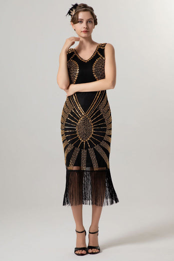 Glitzernd Schwarz Gold Bodycon Perlen Kurz 20er Jahre Kleid mit Fransen