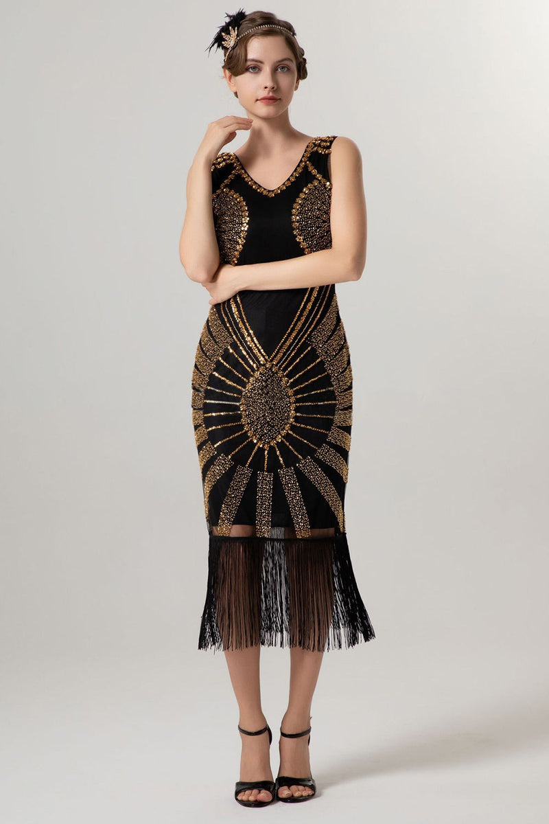 Laden Sie das Bild in den Galerie-Viewer, Glitzernd Schwarz Gold Bodycon Perlen Kurz 20er Jahre Kleid mit Fransen