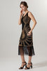 Laden Sie das Bild in den Galerie-Viewer, Glitzernd Schwarz Gold Bodycon Perlen Kurz 20er Jahre Kleid mit Fransen