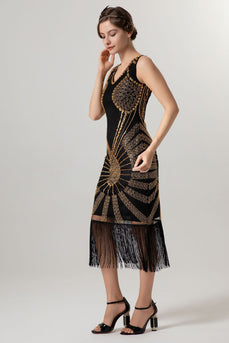 Glitzernd Schwarz Gold Bodycon Perlen Kurz 20er Jahre Kleid mit Fransen