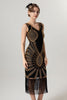 Laden Sie das Bild in den Galerie-Viewer, Glitzernd Schwarz Gold Bodycon Perlen Kurz 20er Jahre Kleid mit Fransen