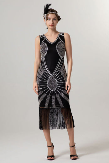 Glitzernd Schwarz Gold Bodycon Perlen Kurz 20er Jahre Kleid mit Fransen