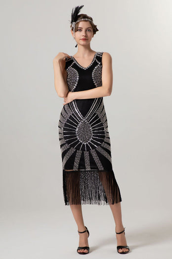 Glitzernd Schwarz Gold Bodycon Perlen Kurz 20er Jahre Kleid mit Fransen