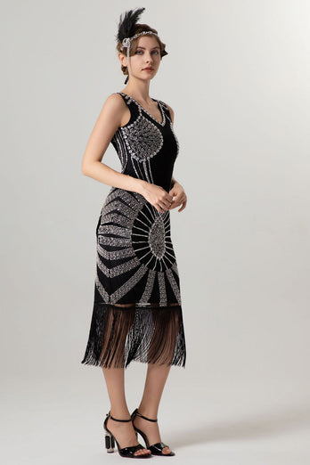 Glitzernd Schwarz Gold Bodycon Perlen Kurz 20er Jahre Kleid mit Fransen