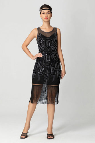 Glitzernd Schwarz Fransen Bodycon Perlen Kurz 20er Jahre Kleid mit Pailletten