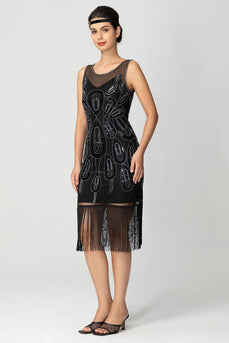 Glitzernd Schwarz Fransen Bodycon Perlen Kurz 20er Jahre Kleid mit Pailletten