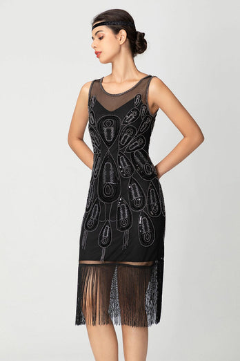 Glitzernd Schwarz Fransen Bodycon Perlen Kurz 20er Jahre Kleid mit Pailletten