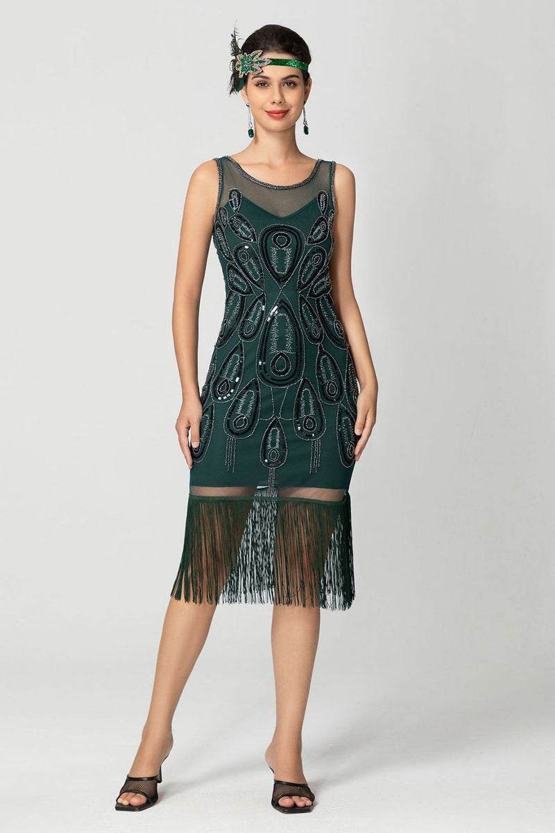 Laden Sie das Bild in den Galerie-Viewer, Glitzernd Schwarz Fransen Bodycon Perlen Kurz 20er Jahre Kleid mit Pailletten