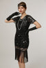 Laden Sie das Bild in den Galerie-Viewer, Glitzernd Schwarz Pailletten Bodycon Kurzarm 20er Jahre Kleid mit Fransen