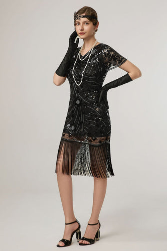 Glitzernd Schwarz Pailletten Bodycon Kurzarm 20er Jahre Kleid mit Fransen
