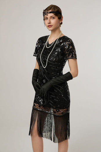 Glitzernd Schwarz Pailletten Bodycon Kurzarm 20er Jahre Kleid mit Fransen