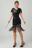 Laden Sie das Bild in den Galerie-Viewer, Glitzerndes Schwarzes Pailletten Flapperkleid mit Kurzen Ärmeln und Fransen
