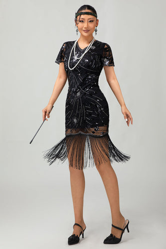 Glitzerndes Schwarzes Pailletten Flapperkleid mit Kurzen Ärmeln und Fransen