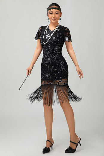 Glitzerndes Schwarzes Pailletten Flapperkleid mit Kurzen Ärmeln und Fransen