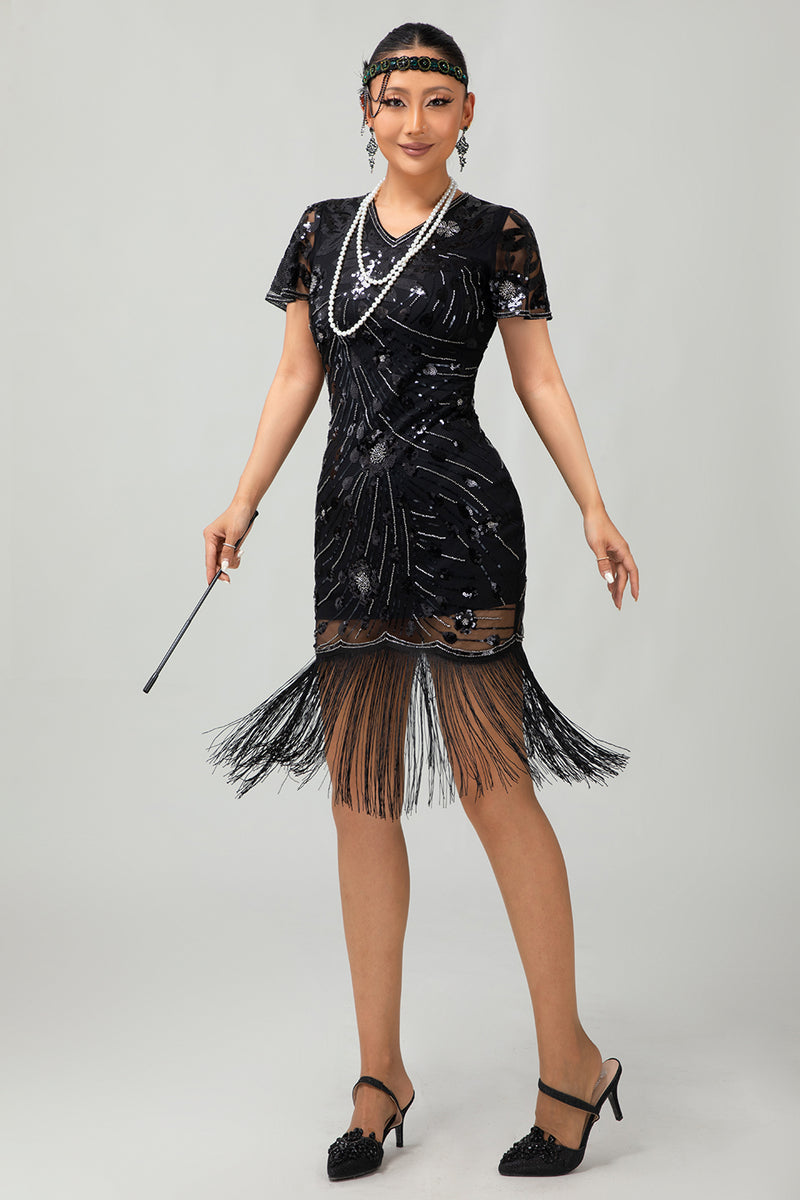 Laden Sie das Bild in den Galerie-Viewer, Glitzerndes Schwarzes Rotes Fransen Bodycon Kurzes 1920er Kleid mit Ärmeln