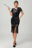 Laden Sie das Bild in den Galerie-Viewer, Glitzerndes Schwarzes Pailletten Flapperkleid mit Kurzen Ärmeln und Fransen