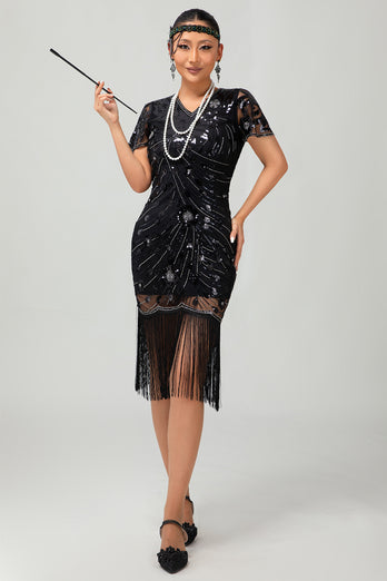 Glitzerndes Schwarzes Goldenes Pailletten Fransen Flapperkleid mit Ärmeln