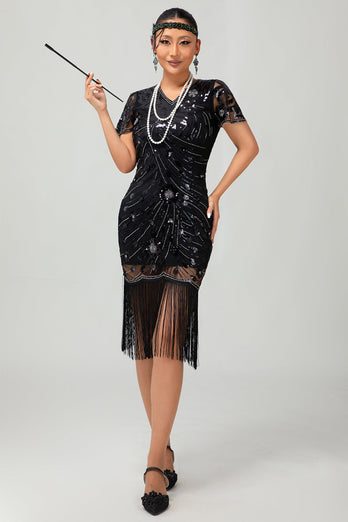 Glitzerndes Schwarzes Pailletten Flapperkleid mit Kurzen Ärmeln und Fransen