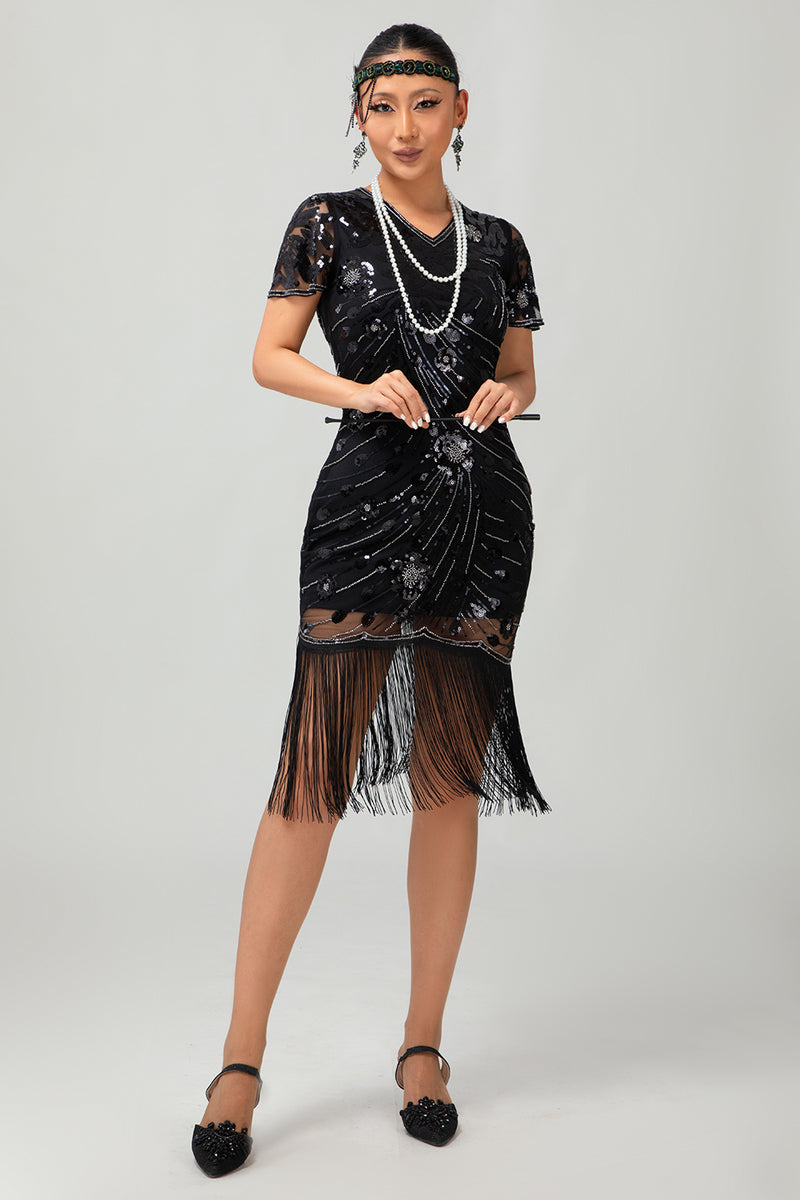 Laden Sie das Bild in den Galerie-Viewer, Glitzerndes Schwarzes Goldenes Pailletten Fransen Flapperkleid mit Ärmeln