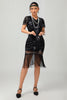 Laden Sie das Bild in den Galerie-Viewer, Glitzerndes Schwarzes Rotes Fransen Bodycon Kurzes 1920er Kleid mit Ärmeln