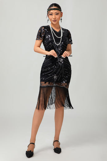 Glitzerndes Schwarzes Rotes Fransen Bodycon Kurzes 1920er Kleid mit Ärmeln