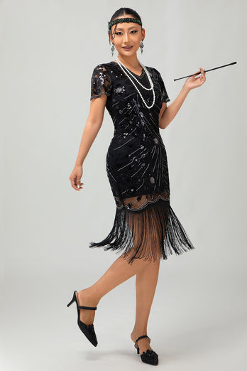 Glitzerndes Schwarzes Rotes Fransen Bodycon Kurzes 1920er Kleid mit Ärmeln