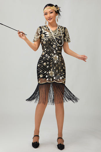 Glitzerndes Schwarzes Pailletten Flapperkleid mit Kurzen Ärmeln und Fransen