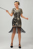 Laden Sie das Bild in den Galerie-Viewer, Glitzerndes Schwarzes Goldenes Pailletten Fransen Flapperkleid mit Ärmeln