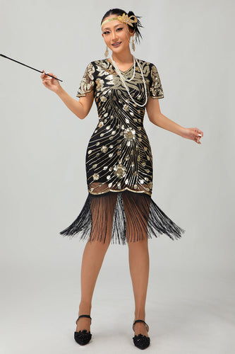 Glitzerndes Schwarzes Goldenes Pailletten Fransen Flapperkleid mit Ärmeln