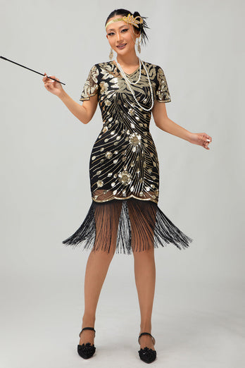 Glitzerndes Schwarzes Goldenes Pailletten Fransen Flapperkleid mit Ärmeln