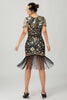 Laden Sie das Bild in den Galerie-Viewer, Glitzerndes Schwarzes Goldenes Pailletten Fransen Flapperkleid mit Ärmeln