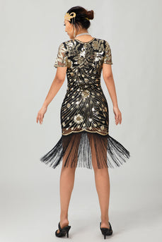 Glitzerndes Schwarzes Goldenes Pailletten Fransen Flapperkleid mit Ärmeln