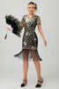Laden Sie das Bild in den Galerie-Viewer, Glitzerndes Schwarzes Goldenes Pailletten Fransen Flapperkleid mit Ärmeln