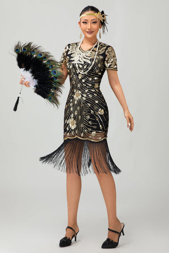 Glitzerndes Schwarzes Goldenes Pailletten Fransen Flapperkleid mit Ärmeln