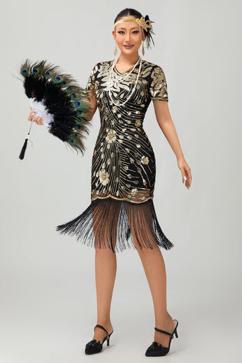 Glitzerndes Schwarzes Rotes Fransen Bodycon Kurzes 1920er Kleid mit Ärmeln
