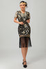 Laden Sie das Bild in den Galerie-Viewer, Glitzerndes Schwarzes Rotes Fransen Bodycon Kurzes 1920er Kleid mit Ärmeln